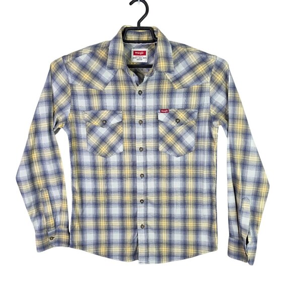 Mens Wrangler Western Yellow & Gray Plaid Shirt Long Sleeve Button Up Cowboy S - Picture 1 of 8